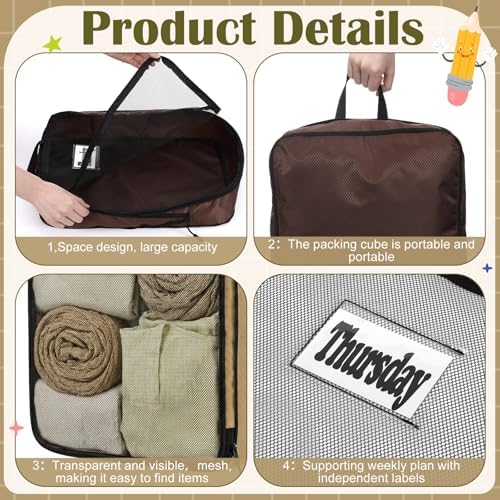 7 Pcs Packing Cubes for Travel Days of Week, Brown, L - Image 3