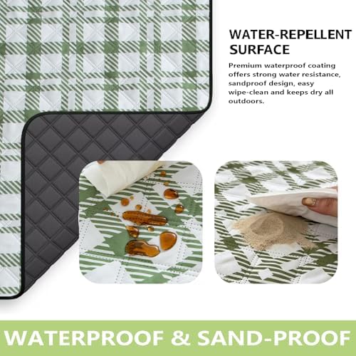 Extra Large Picnic Outdoor Blanket Waterproof Picnic Mat 80"x80" Foldable Sandproof Beach Blanket Thick Gingham Camping Mat for Grass Lawn Park Hiking Travel Accessories, Green and White - Image 2
