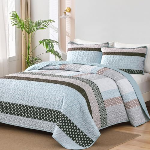 WONGS BEDDING Boho Quilt Queen Size, Patchwork Bedding Set, Blue Brown by WONGSBEDDING