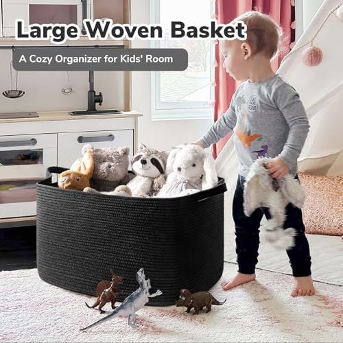 Goodpick 85L Large Woven Rope Blanket Basket, Rectangle, Black - Image 2