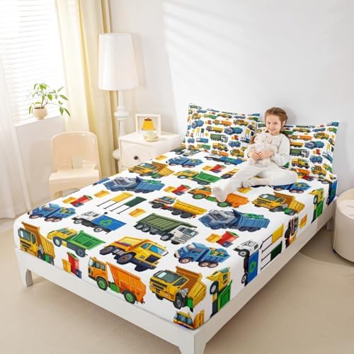 Erosebridal Cute Garbage Truck Sheets for Boys Girls Garbage Trucks Fitted Sheet,Equipment Trucks Kids Bedding Sets Rubbish Vehicles Bed Sets Twin 2 Piece - Image 3