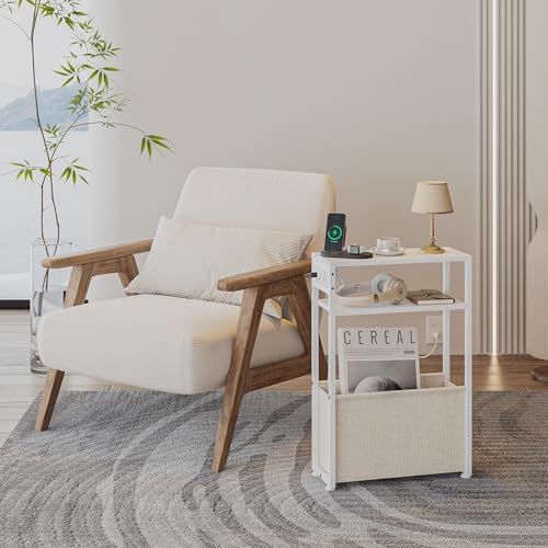 Leomonio White Side Table with Charging Station, Slim End Tables with Linen Basket, Skinny Table for Small Spaces, Thin Bedside Table for Living Room, Bedroom - Image 3