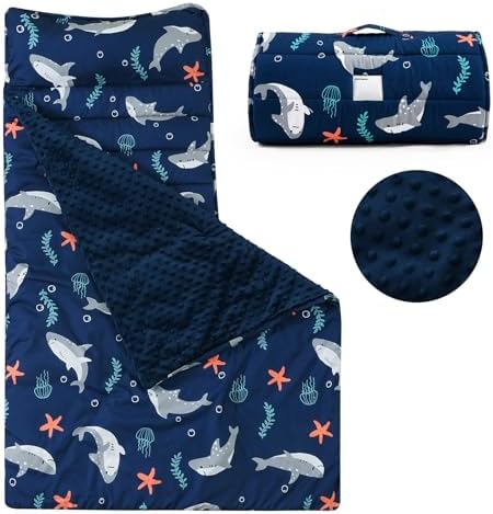 PHF Toddler Nap Mat with Removable Pillow and Minky Blanket, Rollup Design Kids Sleeping Mat, Slumber Bags for Boys, 55"x23" Toddler Sleeping Bag for Daycare Preschool Travel Camping, Shark by PHF
