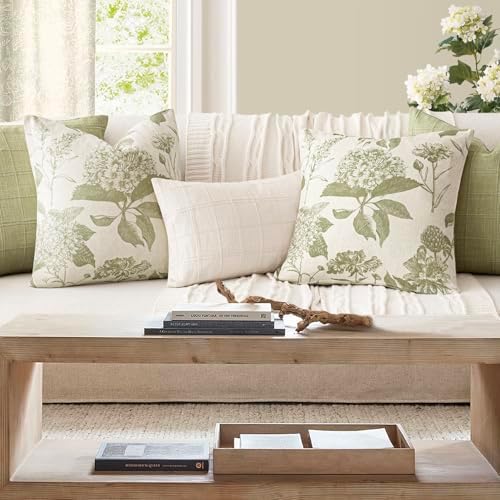Foindtower Set of 2 Linen Floral Throw Pillow Covers Vintage Accent Print Decorative Cozy Cushion Covers Farmhouse Boho Home Decor for Sofa Chair Couch Bedroom Living Room,22×22 Inch,Light Green - Image 6