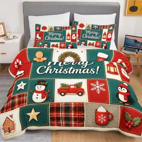 HOSIMA Vintage Christmas Patchwork Quilt Set Twin Size with 2 Pillowcases. - Image 3