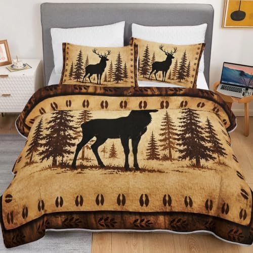 HOSIMA Rustic Deer Bedding Twin,Vintage Brown Quilt with 2 Pillowcases. - Image 3