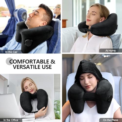 Sunany Neck Pillow for Travel Inflatable Airplane Pillow Comfortably Supports Head,Neck and Chin,Inflatable Travel Pillow with Soft Velour Cover,Portable Drawstring Bag (Black with Hat) - Image 2