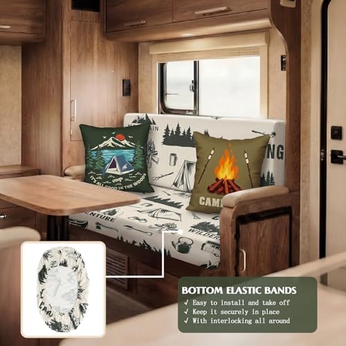 Tiamon RV Dinette Cushion Covers Set - 6 Pcs Camping Theme Cushion Slipcovers for Camper Car Bench Seat Replacement, 2 Pillowcase, 2 Backrest, 2 Bench Cover(Fabric,Green Camp) - Image 6