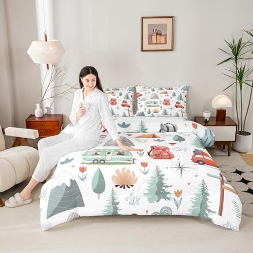 Kids Camper Theme Comforter Set Full 3Pcs, Happy Camping Bedding for Toddler, Travel Car Rv Accessories Down Comforter, Botanical Flowers Mountain Adventure Quilt, Cute Camper Duvet Set Room Decor - Image 4