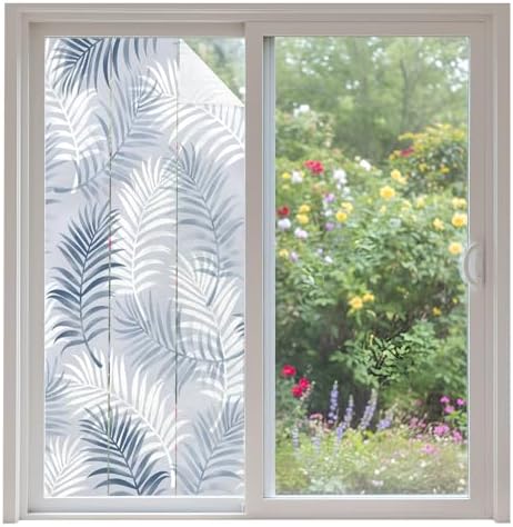 Window Privacy Film Frosted, Navy Blue Botanical Non-Adhesive Static Cling Window Tint, Summer Palm Leaves Foliage Tropical Insulated Windows Frosted Films for Living Room, 35.4 x 78.7 Inches by Unknown