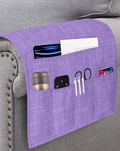 Sofa Armrest Organizer Bedside Caddy, Lavender Burlap Texture Non Slip Couch Remote Control Holder for Recliner, Farmhouse Vintage Lavender Armchair Caddy with Pocket for Magazine, Phone, 19.7"x35" - Image 3