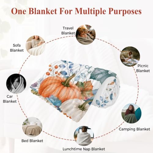 Fall Blue Pumpkins Throw Blanket, Thanksgiving Fluffy Soft Blankets for Couch Bed Travel, Autumn Orange Maple Leaves Plush Microfiber Striped Flannel Blankets, Lightweight Sofa Blankets 50"x60" - Image 6
