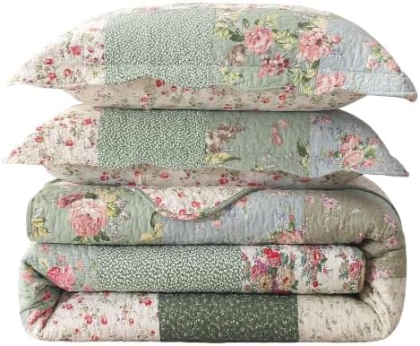 vctops Boho Patchwork Cotton Quilted Bedspread Quilt Set Queen Size 3 Pieces Soft Reversible Lightweight Coverlet Set Floral Print 1 Quilt and 2 Pillow Shams (Green D,Queen) by vctops