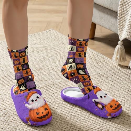 Jeiento Fuzzy Slippers and Crew Sock Set for Women Men Couple Warm Cozy Memory Foam House Shoes Soft Slip-on Slides for Home,Travel - Image 3