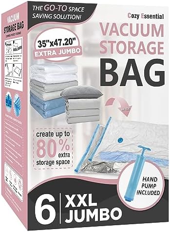 Cozy Essential Vacuum Storage Bags, 80% Compression Vacuum Seal Space Saver Plastic Packaging Bags for Clothes, Blankets, Pillow, Bedding, Comforters, Sealer Clothing Storage,6 XXL Jumbo by CozyEssential