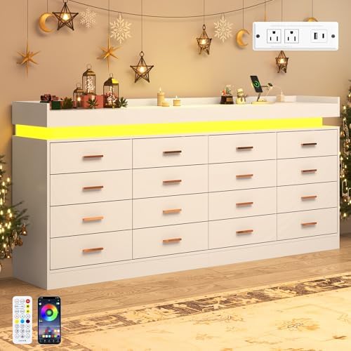 jiteentarou 16 Drawer Dresser with Charging Station and LED Lights, Modern Chest of Drawers with Power Outlet, Organizer Cabinet for Bedroom, Living Room, Entryway, White - Image 4