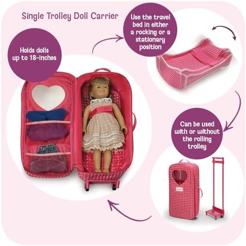 Badger Basket Toy Doll Travel Trolley and Carrier for 18 Inch Dolls - Rolling Suitcase with Removable Wheels, Carrying Straps, and Spacious Storage - Best for On-The-Go Playtime Fun - Image 2