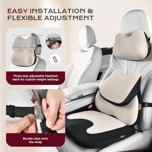 Coverado Car Seat Cushion and Lumbar Support Pillow with Headrest, Memory Foam Cooling Silk Ergonomic Cushion for Driving Back Neck Pain Relief Universal Fit Black&Gray - Image 4