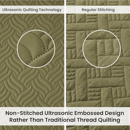 Love's cabin King Size Quilt Bedding Set Olive Green Bedspreads - Bed Summer Lightweight Bedspread Comforter - Wave Pattern Bedding Coverlet for All Season - 3 Pieces (1 Quilt, 2 Pillow Shams) - Image 3