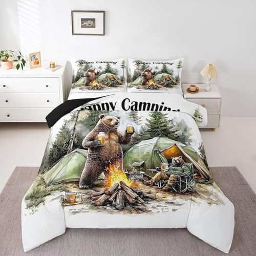 Erosebridal Happy Camping Toddler Bedding Set,RV Camper Comforter Sets for Travel Trailer Bunk,Forest Bear Quilt Bed Set for Boys Girls,Rustic Farmhouse Bedroom Decor,1 Pillowcase Breathable by Erosebridal