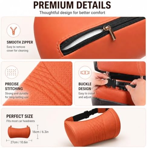 Universal Memory Foam Car Headrest Neck Pillow, Ergonomic Car Seat Neck Support Cushion with Soft PU Leather Cover for Driving, Long Trips, Most Cars SUVs (Orange*2) - Image 3