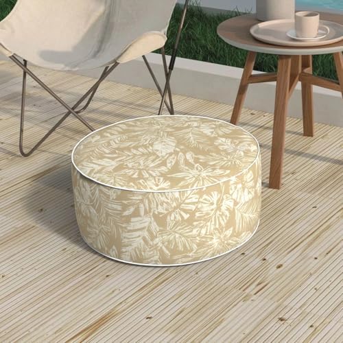 Outdoor Patio Inflatable Ottoman, 21x9 Inch Portable Stool Ottoman with Handle, Round Footrest Stool for Home Garden Camping, Tropical Leaf Oat by MelodyElephant