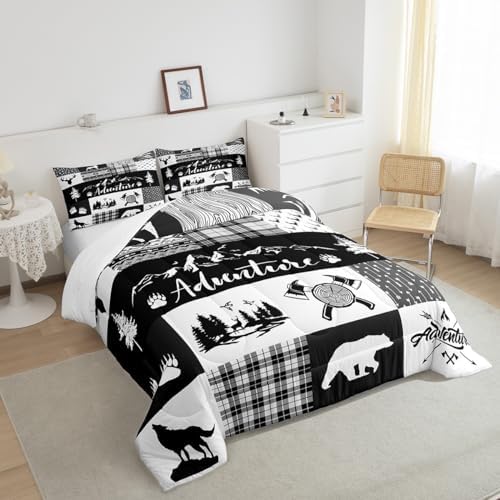 Castle Fairy Hunting Adventure Comforter Set Queen Size,Deer Antler Bear Pine Patchwork Bedding Set for Women Adult,Arrow Lodge Boho Aztec Camper Grid Luxury Bed Duvet Insert, 2 Pillowcases - Image 2