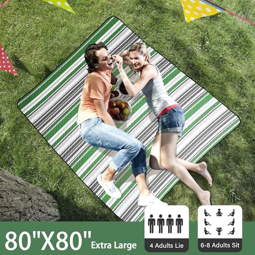 HX&OD Extra Large Picnic Blanket Outdoor 80”x80” Waterproof Picnic Mat Foldable 3-Layer Camping Blanket Portable with Carry Strap Park Blanket for Grass(Green) - Image 4