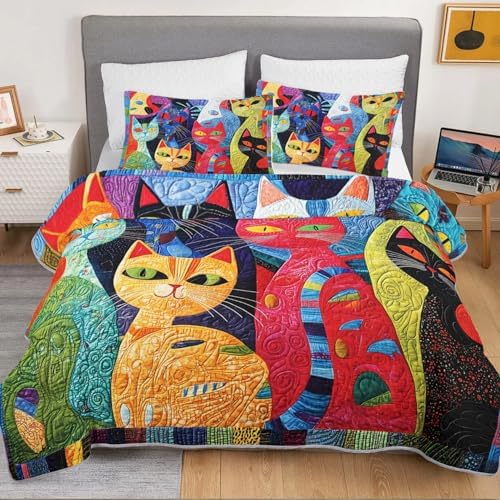 HOSIMA Plaid Patchwork Colorful Cat Quilt King Size with 2 Pillowcases. - Image 3