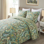 NEWLAKE Cotton Bedspread Quilt Sets-Reversible Patchwork Coverlet Set, European Green Floral Pattern, Queen Size - Image 2