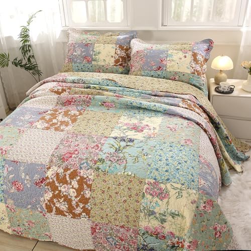 vctops Boho Patchwork Cotton Quilted Bedspread Quilt Set Queen Size 3 Pieces Soft Reversible Lightweight Coverlet Set Floral Print 1 Quilt and 2 Pillow Shams (Purple,Queen) - Image 3