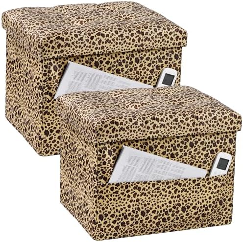 Bsketa Storage Ottoman, 17" Folding Velvet Foot Rest,Leopard Print 2 Pack by Bsketa