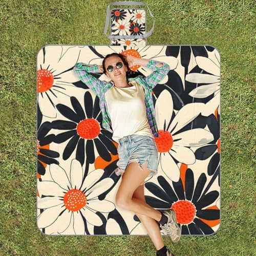 Picnic Blankets Waterproof Rug, 59*57inch Outdoor Camping Blanket Portable with Carry Strap, Packable Beach Blanket Sandproof, Family Camping Mat for Grass Concert, Park, Travel (Flower Orange) - Image 6
