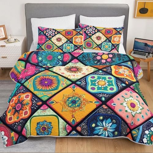 HOSIMA Bohemia Floral Plaid Patchwork Quilt Set Full with 2 Pillowcases. - Image 3