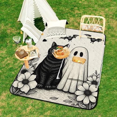 Halloween Black Cat Bat Floral Extra Large Picnic Blankets Waterproof Foldable Beach Blanket Waterproof Sandproof Outdoor Packable Camping Blanket with Zip 59"x39" - Image 7