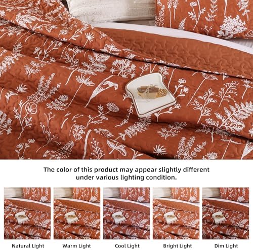 JANZAA Quilt King Size, Terracotta Quilt Bedspread Floral Bedding Set 3 Pcs - Image 4