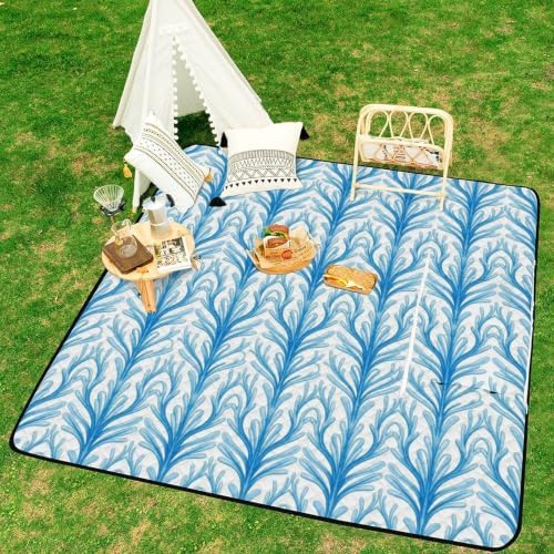 White Blue Leaf Print Large Zipper Picnic Blankets 78.7"x78.7" - Image 6