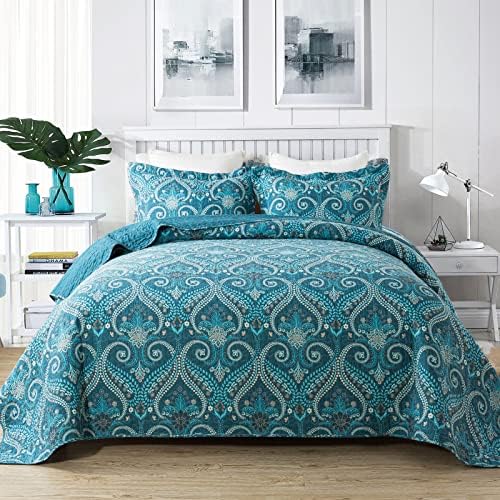 NEWLAKE Cotton Bedspread Quilt Sets-Reversible Patchwork Coverlet Set, Turquoise Classic Royal Pattern, King Size by NEWLAKE