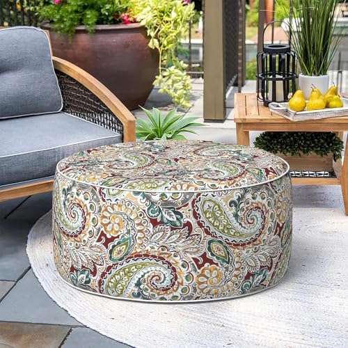 Indoor/Outdoor Inflatable Ottoman, Water Repellent Round Foot Rest Ottomans D31 x H14 inch, Portable Footstool for Patio Garden Camping or Home, Paisley Chilli - Image 4