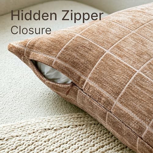 Decorative Chenille Plaid Fall Throw Pillow Covers Camel 24x24 Set of 2 - Image 2