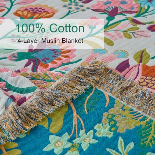 Boho Throw Blanket, 100% Soft Cotton Floral Quilt, King 90"x 98" - Image 4