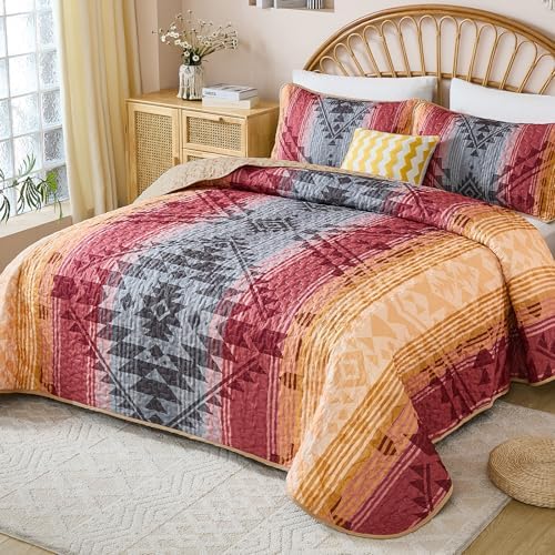 Dintszyayue Bohemian Quilt Set King, 3 Pcs Red Aztec Parttern Bedspread - Image 2