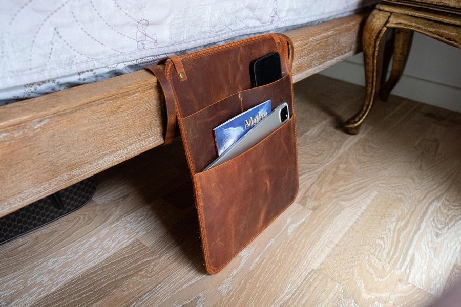 Leather Bedside Storage Organizer, Leather Storage Organizer, Handmade Bedside Caddy with 3 Pockets For Magazines, Books and Accessories - Image 3