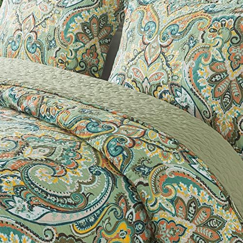 NEWLAKE Cotton Bedspread Quilt Sets-Reversible Patchwork Coverlet Set, European Green Floral Pattern, Queen Size - Image 3