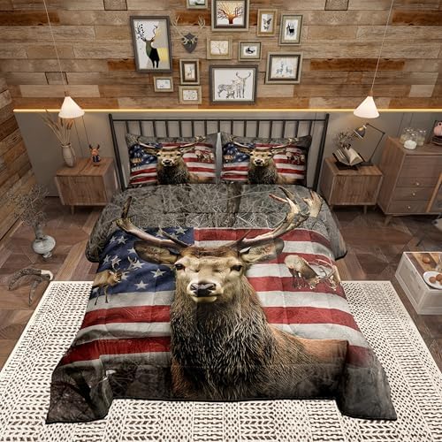 American Flag Deer Comforter Set Twin Size, Kids Boys Room Decor Brown Wildlife Animal and Trees Theme Bedding Comforters, Colorful USA Flag Print Natural Duvet Set with 1 Pillowcase, Soft - Image 4