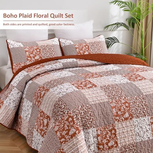 Mybedsoul Burnt Orange Boho Quilt Queen Size, Patchwork Fall Bedding Set - Image 2