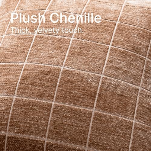 Decorative Chenille Plaid Fall Throw Pillow Covers Camel 22x22 Set of 2 - Image 3
