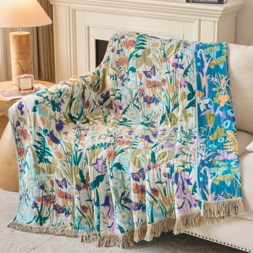 Boho Throw Blanket, 100% Soft Cotton Floral Quilt, Queen 80"x 90" - Image 5
