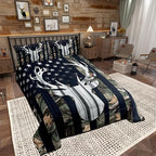 Rustic Deer Boys Bedding Set Queen Size,Deer Antlers Wild Animal Hunting Comforter Set,Army Green Camo Comforter Stars Stripes USA Flag Quilt with 2 Pillowcases, Camping Theme RV Cabin Lodge Decor - Image 3