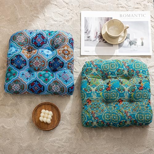 vctops 2 Pack Boho Geometric Chair Cushions with Ties U-Shaped Soft Cozy Cotton Linen Chair Pads Non Slip Seat Cushions for Indoor Dining Room and Kitchen Chairs (Blue,18"x18") - Image 4